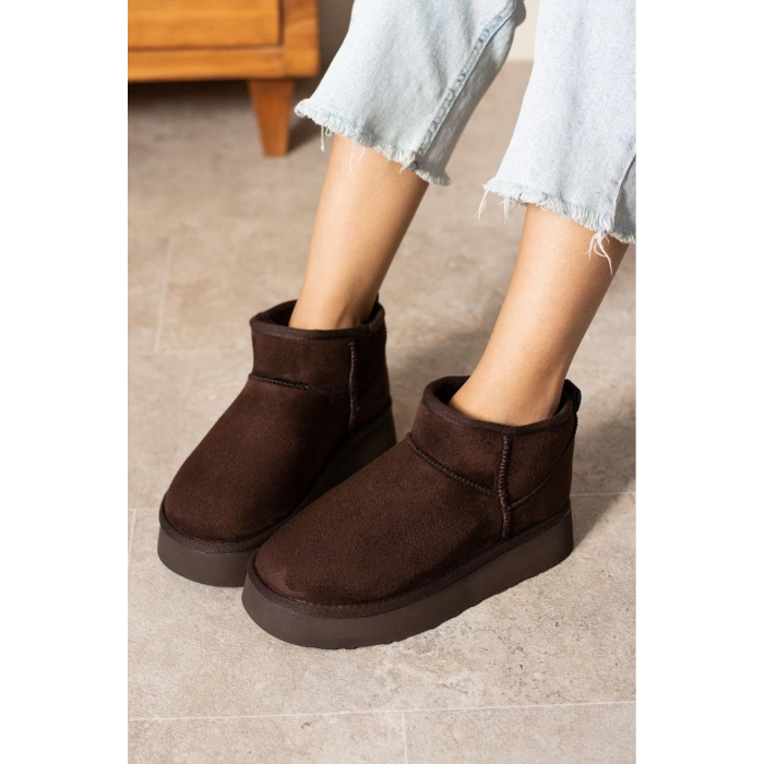 Mini Acı Kahve Süet İçi Kürklü Kalın Taban Kadın Bot