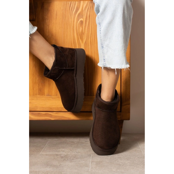 Mini Acı Kahve Süet İçi Kürklü Kalın Taban Kadın Bot