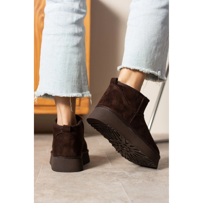 Mini Acı Kahve Süet İçi Kürklü Kalın Taban Kadın Bot