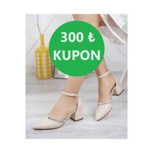 Kadın Bej Cilt Pırlanta Taşlı Karnı Yarık Bilekten Bantlı Kısa Topuklu Ayakkabı Abiye Ayakkabı