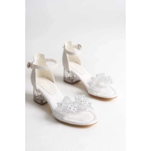 Kız Çocuk , Şeffaf Topuklu, Taş Ve Kurdele Detaylı Topuklu Ayakkabı