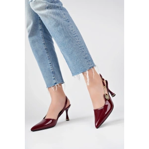 Kadın Topuklu Ayakkabı Topuklu Ayakkabı Bordo Rugan Topuklu Ayakkabı Yandan Şık Tokalı Sivri Burun