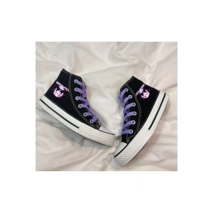 Çince Kuromi Baskılı, Lila Bağcıklı, Siyah Bilekli Spor Ayakkabı, Çocuk Sneaker