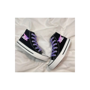 Kuromi Ve My Melody Baskılı, Lila Bağcıklı, Siyah Bilekli Spor Ayakkabı Çocuk Sneaker