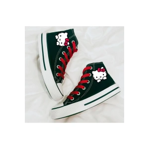 Hello Kitty Baskılı, Kırmızı Bağcıklı Siyah Bilekli Spor Ayakkabı Çocuk Sneaker
