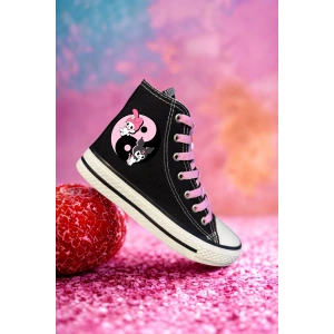 Kuromi Ve My Melody Baskılı, Pembe Bağcıklı, Siyah Bilekli Spor Ayakkabı Çocuk Sneaker