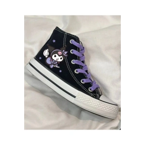 Kuromi Baskılı, Lila Bağcıklı, Siyah Bilekli Spor Ayakkabı Çocuk Sneaker