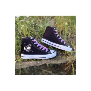 Kuromi Baskılı, Lila&Pembe Bağcıklı, Siyah Bilekli Spor Ayakkabı Çocuk Sneaker
