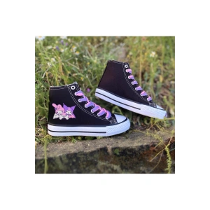 Kuromi Ve My Melody Baskılı, Lila&Pembe Bağcıklı, Siyah Bilekli Spor Ayakkabı, Çocuk Sneaker