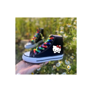 Hello Kitty Baskılı, Gökkuşağı Bağcıklı, Siyah Bilekli Spor Ayakkabı Çocuk Sneaker