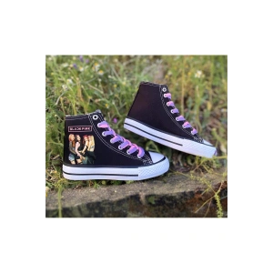 Black Pink Baskılı, Lila&Pembe Bağcıklı, Siyah Bilekli Spor Ayakkabı Çocuk Sneaker Blackpink