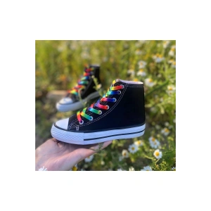 Gökkuşağı Bağcıklı, Siyah Bilekli Spor Ayakkabı Çocuk Sneaker