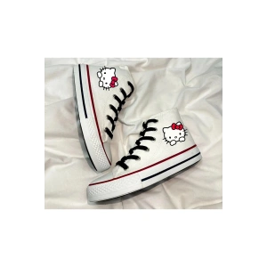 Hello Kitty Baskılı, Siyah Bağcıklı, Beyaz Bilekli Spor Ayakkabı Çocuk Sneaker