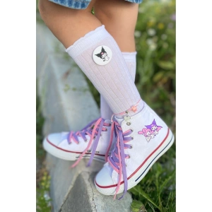 Kuromi Ve My Melody Baskılı, Lila&Pembe Bağcıklı, Beyaz Bilekli Spor Ayakkabı, Çocuk Sneaker