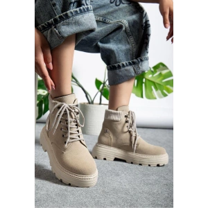 Bej Süet Bağcıklı Düz Taban Kadın Bot