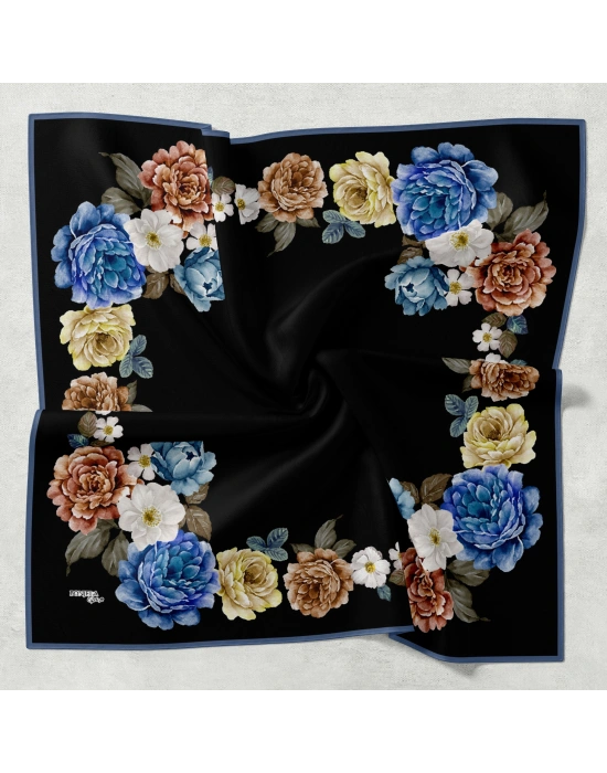 Bonjela Soft Eşarp D1 Çiçekli Siyah Mavi