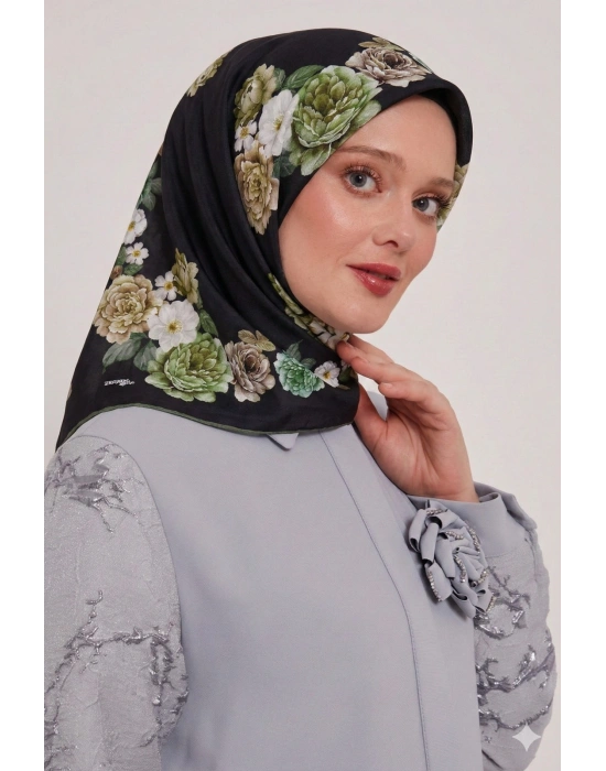 Bonjela Soft Eşarp D1 Çiçekli Siyah Haki