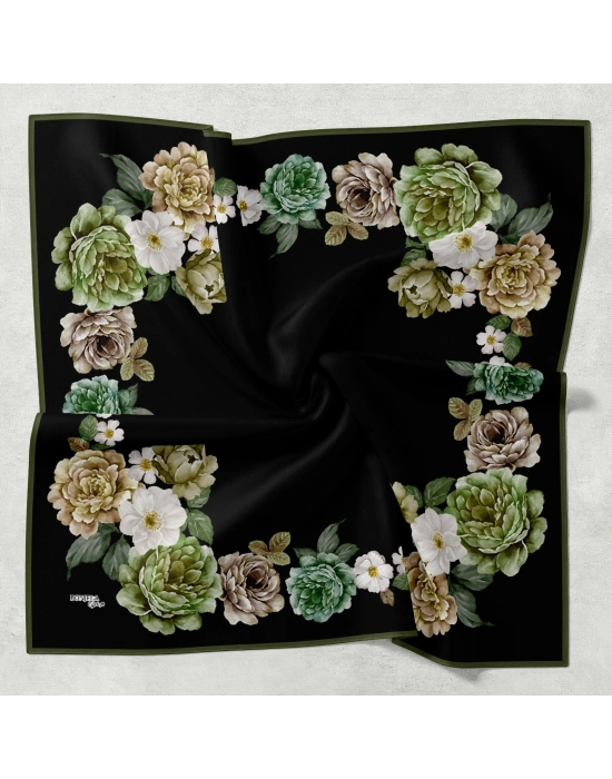 Bonjela Soft Eşarp D1 Çiçekli Siyah Haki