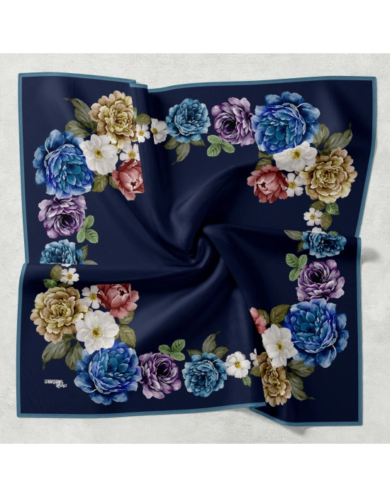 Bonjela Soft Eşarp D1 Çiçekli Lacivert Mavi