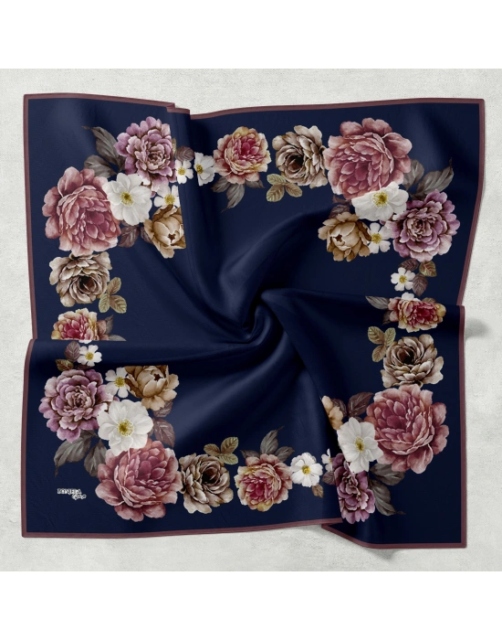 Bonjela Soft Eşarp D1 Çiçekli Lacivert Gülkurusu