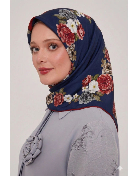 Bonjela Soft Eşarp D1 Çiçekli Lacivert Bordo