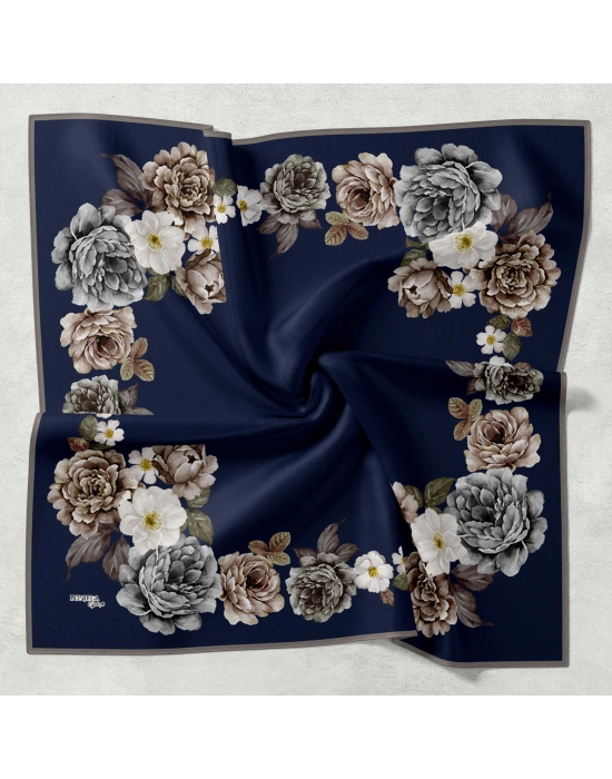 Bonjela Soft Eşarp D1 Çiçekli Lacivert Gri