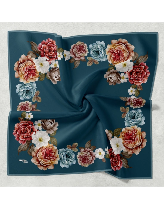 Bonjela Soft Eşarp D1 Çiçekli Petrol Mavi