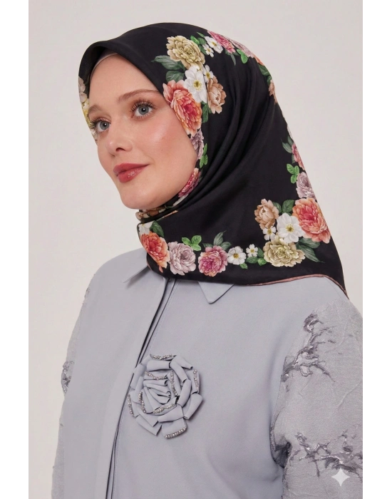 Bonjela Soft Eşarp D1 Çiçekli Siyah Pudra