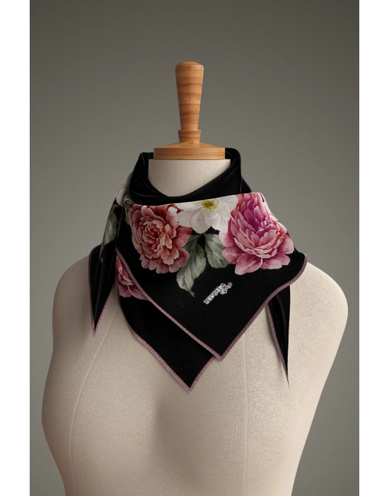 Bonjela Soft Eşarp D1 Çiçekli Siyah Pudra