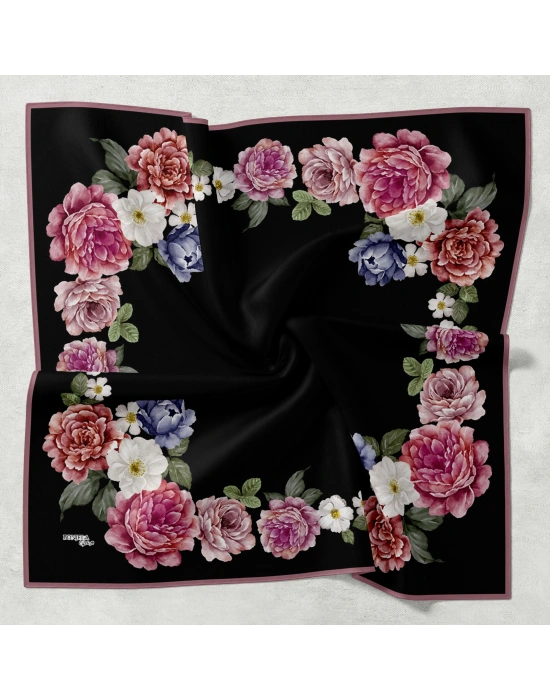 Bonjela Soft Eşarp D1 Çiçekli Siyah Pudra