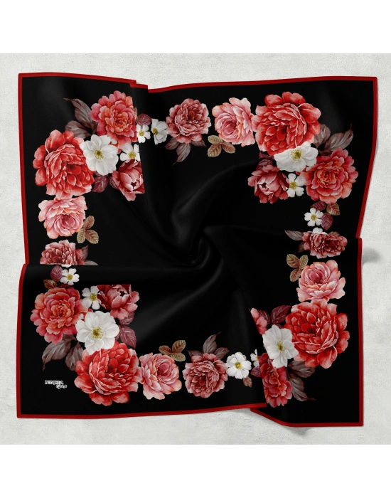 Bonjela Soft Eşarp D1 Çiçekli Siyah Kırmızı