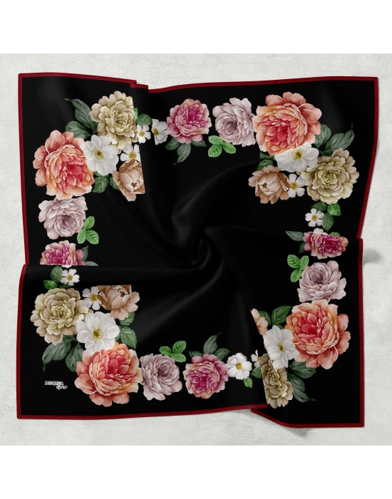 Bonjela Soft Eşarp D1 Çiçekli Siyah Bordo