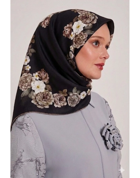 Bonjela Soft Eşarp D1 Çiçekli Siyah Vizon