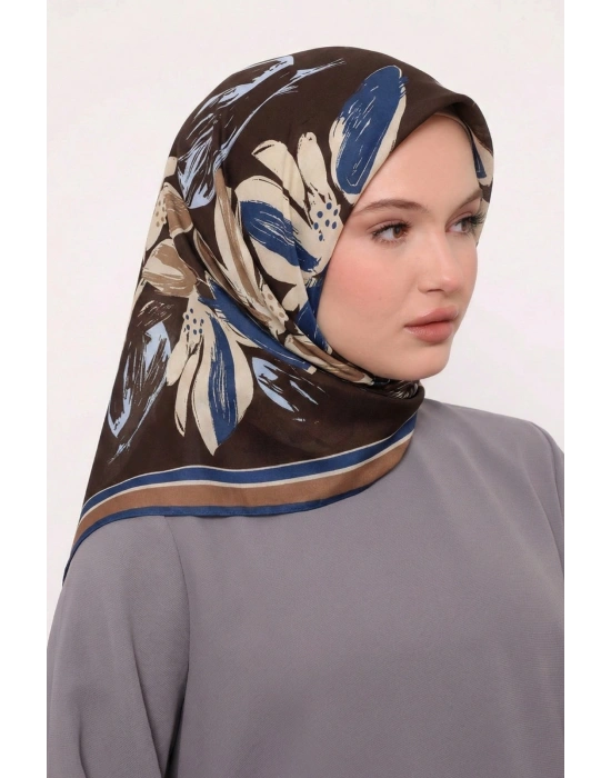 Bonjela Soft Eşarp Yonca Desen Kahve Mavi