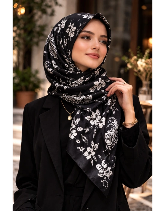 Mavi İpek Siyah Beyaz Serisi Soft Pamuk Şal D9