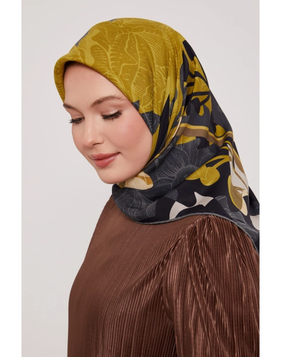 Levidor Royal Eşarp Yaprak Desen Gri Yağyeşili