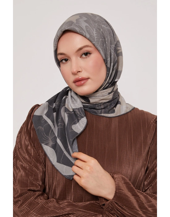 Levidor Royal Eşarp Yaprak Desen Siyah Gri