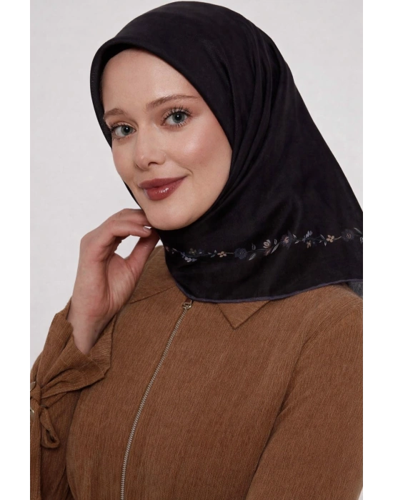 Bonjela Soft Eşarp Minimal Çiçek Desen Siyah Gri