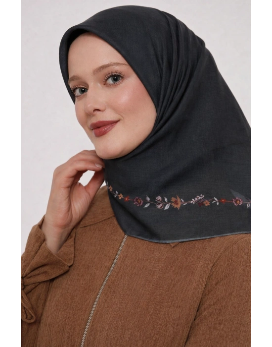 Bonjela Soft Eşarp Minimal Çiçek Desen Antrasit