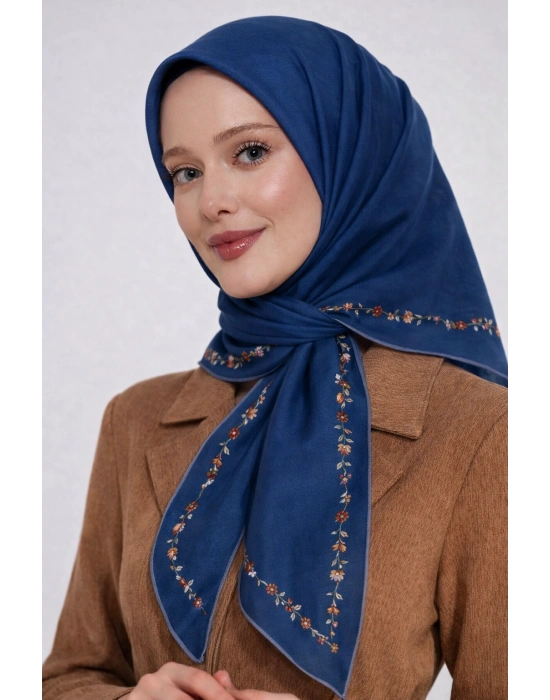 Bonjela Soft Eşarp Minimal Çiçek Desen İndigo Mavi