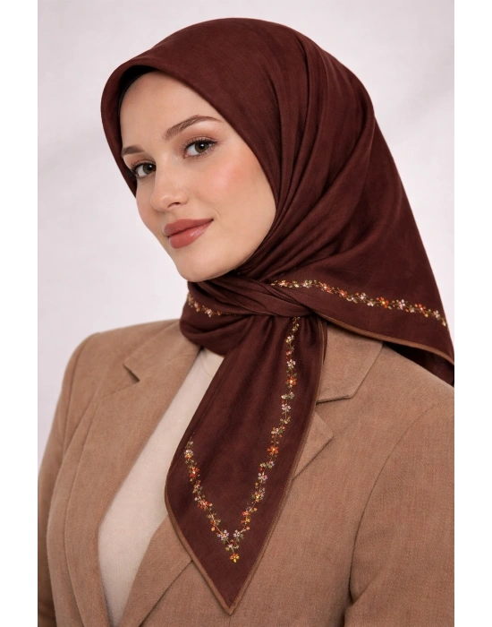 Bonjela Soft Eşarp Minimal Çiçek Desen Çikolata