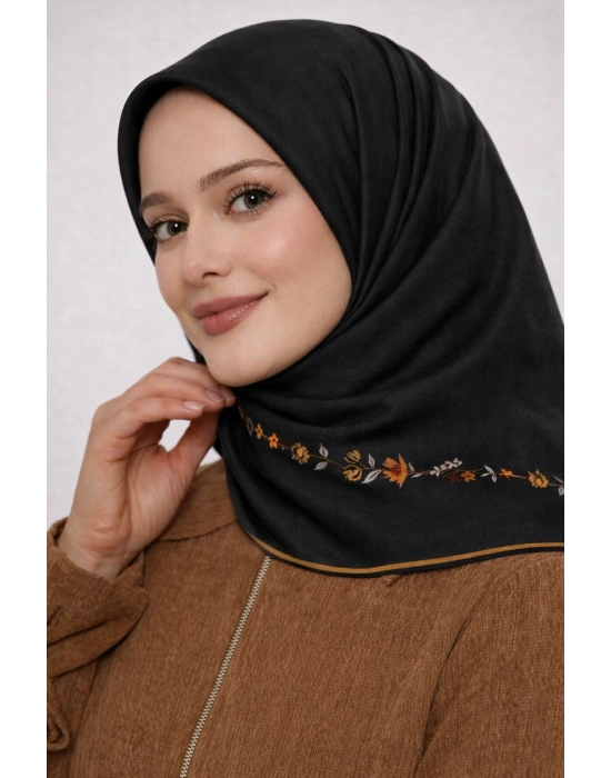 Bonjela Soft Eşarp Minimal Çiçek Desen Siyah Kiremit
