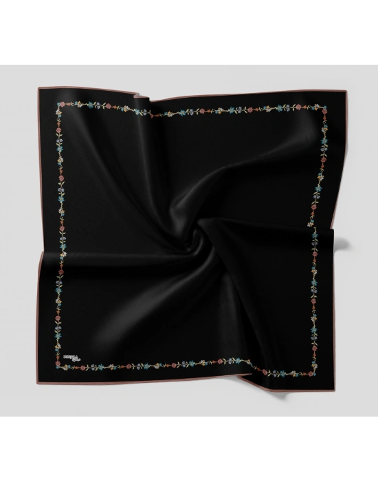 Bonjela Soft Eşarp Minimal Çiçek Desen Siyah Pudra