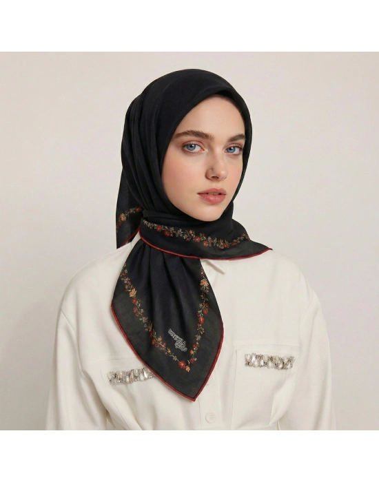 Bonjela Soft Eşarp Minimal Çiçek Desen Siyah Kırmızı