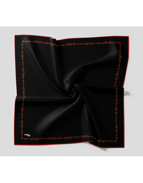 Bonjela Soft Eşarp Minimal Çiçek Desen Siyah Kırmızı