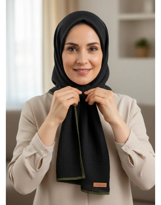 Mismara Müslin Biyeli Eşarp Siyah Haki