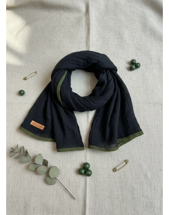 Mismara Müslin Biyeli Eşarp Siyah Haki