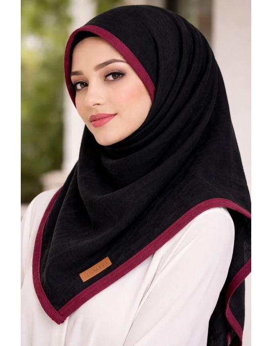 Mismara Müslin Biyeli Eşarp Siyah Bordo