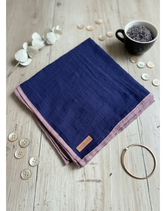 Mismara Müslin Biyeli Eşarp Lacivert Pudra