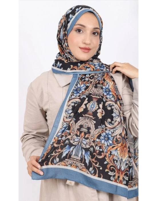 Luissa Bambu Kraş Şal Osmanlı Desen İndigo Mavi
